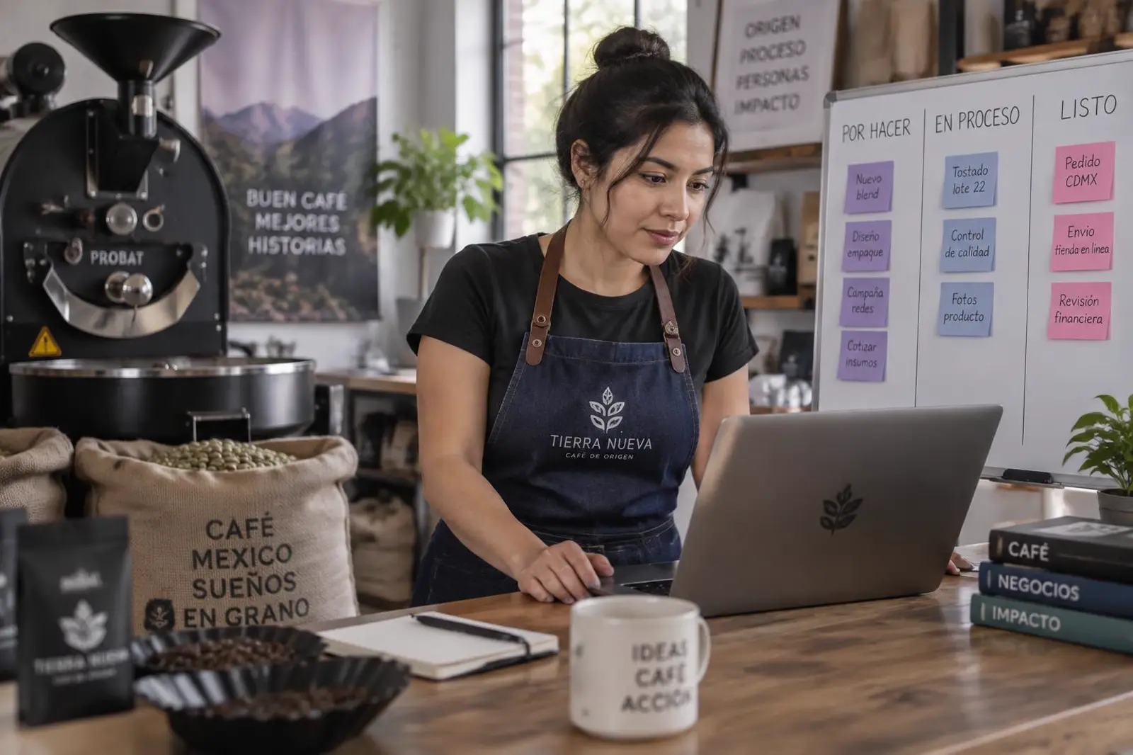 Emprendedora revisa en su laptop el tablero de procesos de su empresa de café