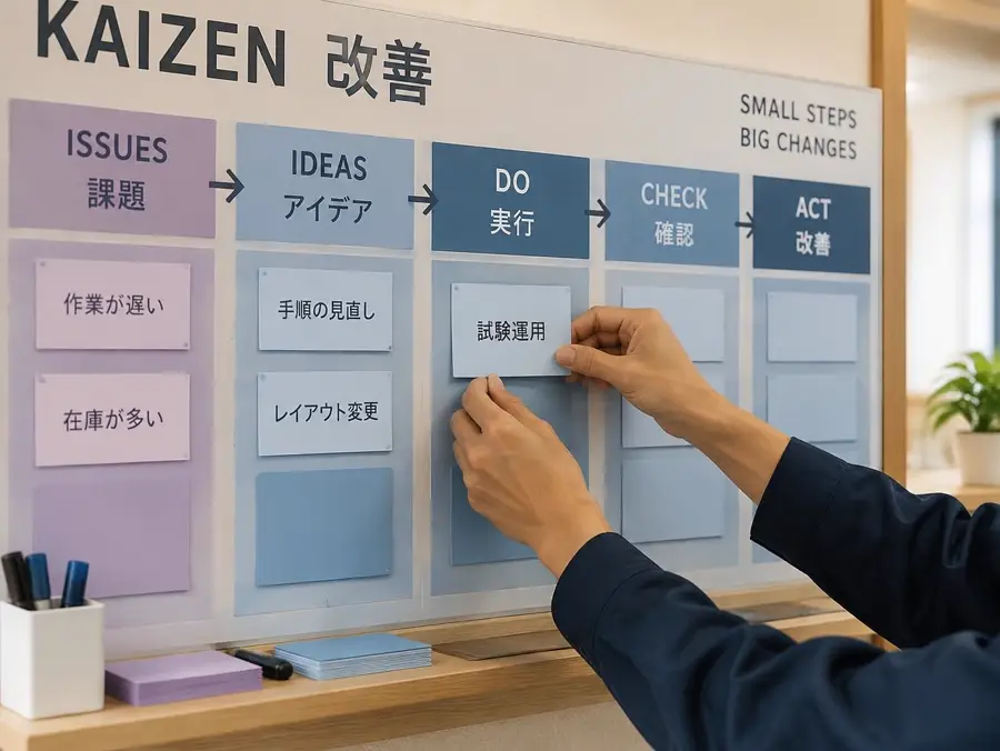 Manos organizan un tablero kaizen de mejora continua